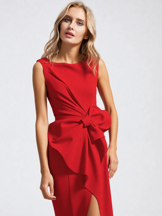 Women’s Sleeveless Mini Dress - O-Neck Straight Cut - Bow Detail by ByAshmore