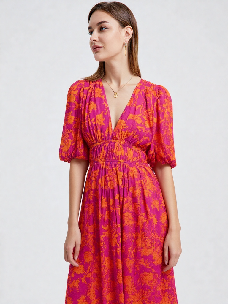 Women’s Casual Printed Midi Dress – Loose V-Neck
