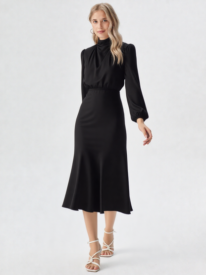 Women’s Satin Midi Dress - Asymmetric Draped Style - Long Sleeve by ByAshmore