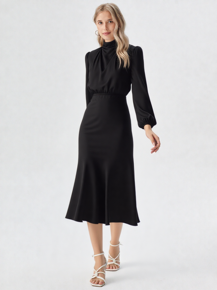 Women’s Satin Midi Dress - Asymmetric Draped Style - Long Sleeve