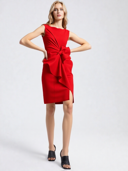 Women’s Sleeveless Mini Dress - O-Neck Straight Cut - Bow Detail by ByAshmore