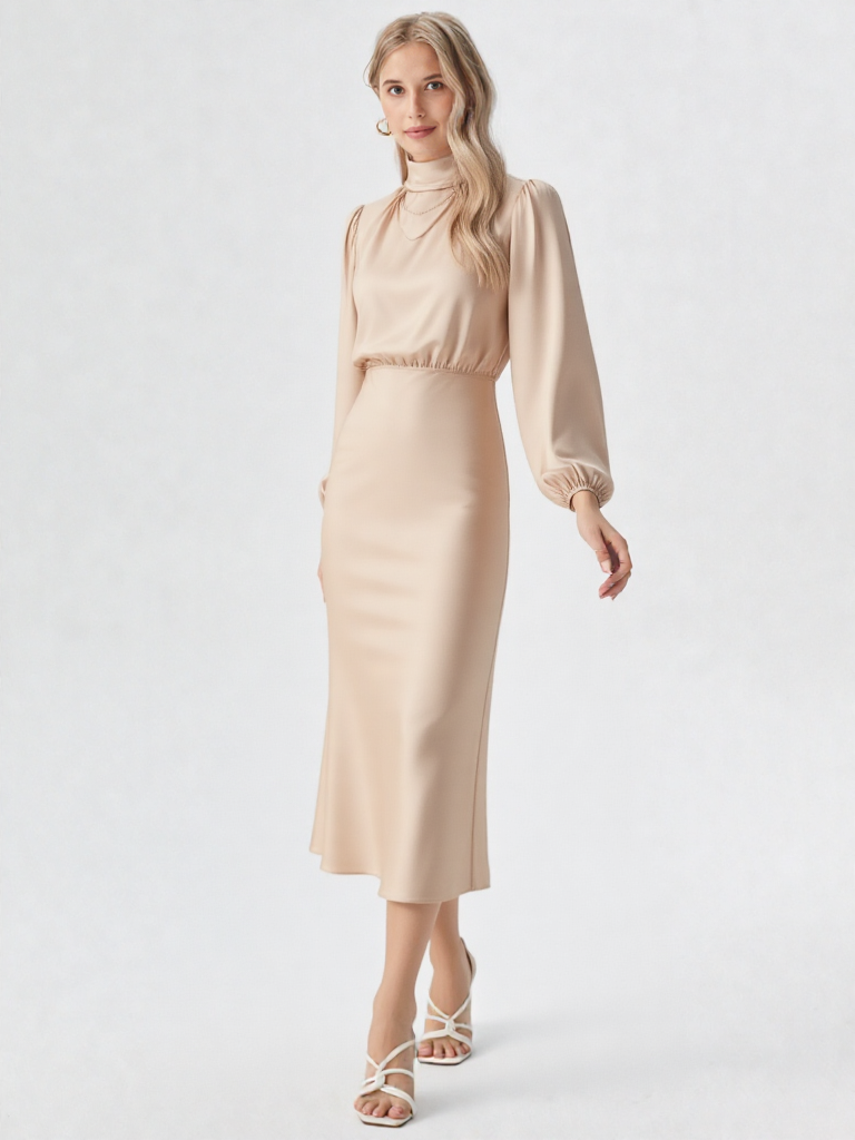 Women’s Satin Midi Dress - Asymmetric Draped Style - Long Sleeve