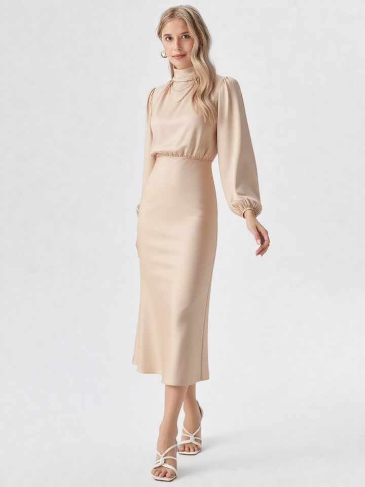 Women’s Satin Midi Dress - Asymmetric Draped Style - Long Sleeve