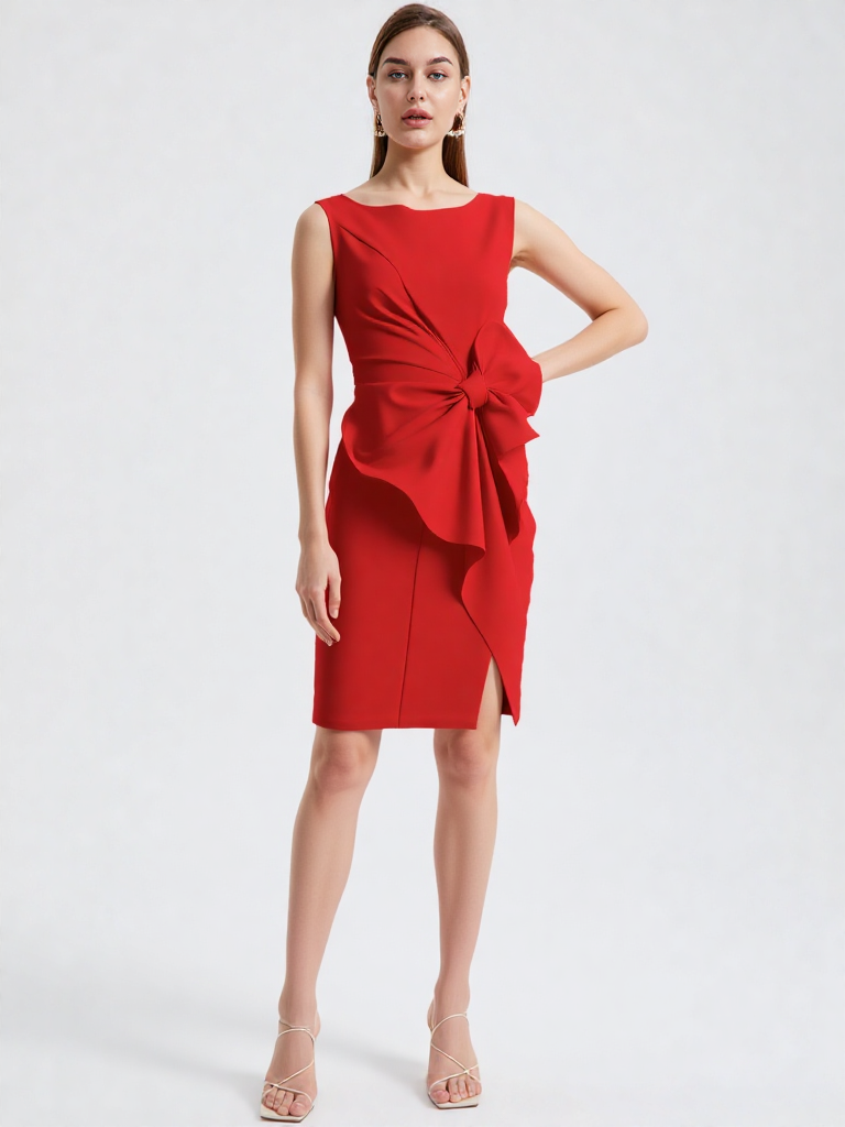 Women’s Sleeveless Mini Dress - O-Neck Straight Cut - Bow Detail by ByAshmore