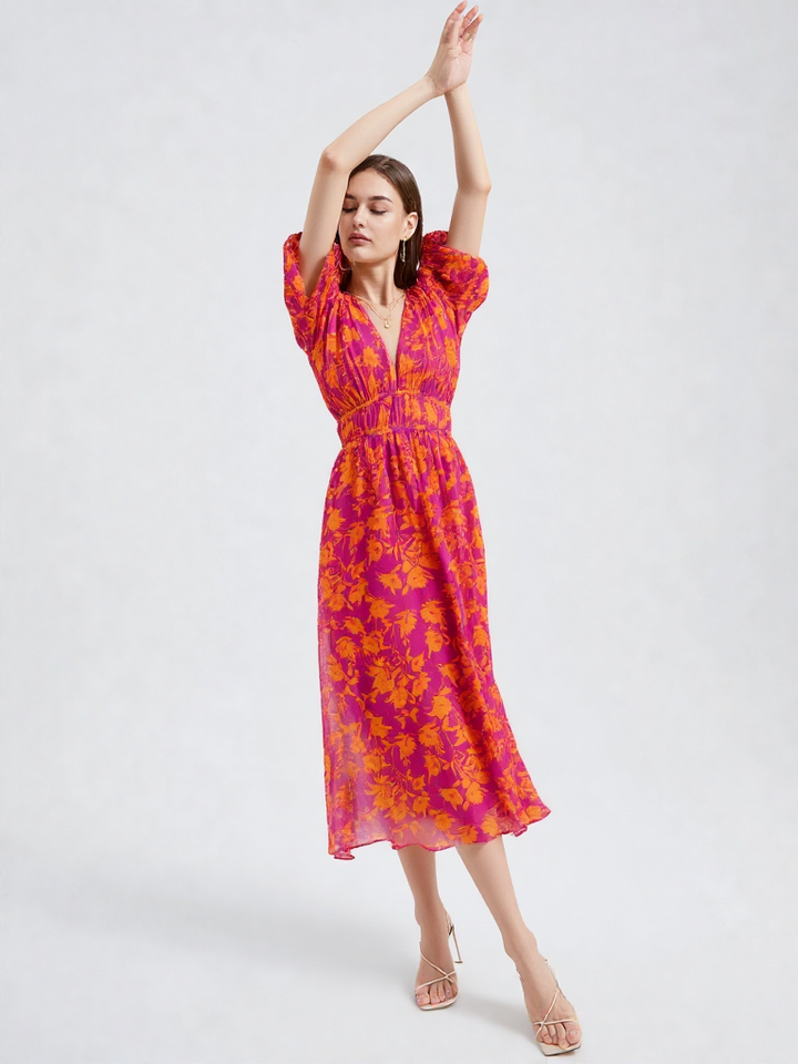 Women’s Casual Printed Midi Dress – Loose V-Neck