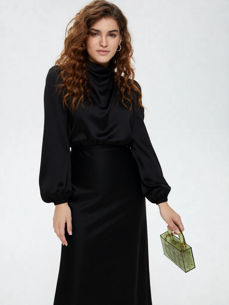 Women’s Satin Midi Dress - Asymmetric Draped Style - Long Sleeve