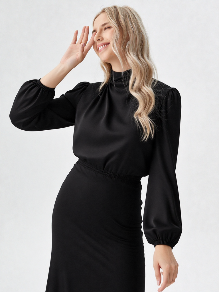 Women’s Satin Midi Dress - Asymmetric Draped Style - Long Sleeve