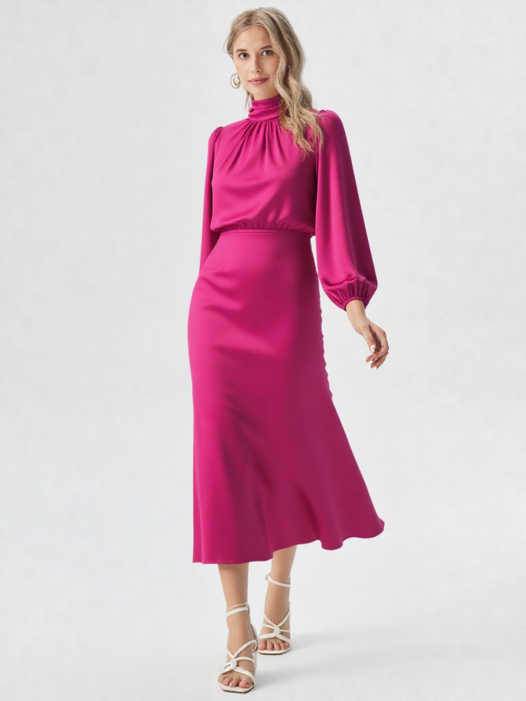 Women’s Satin Midi Dress - Asymmetric Draped Style - Long Sleeve