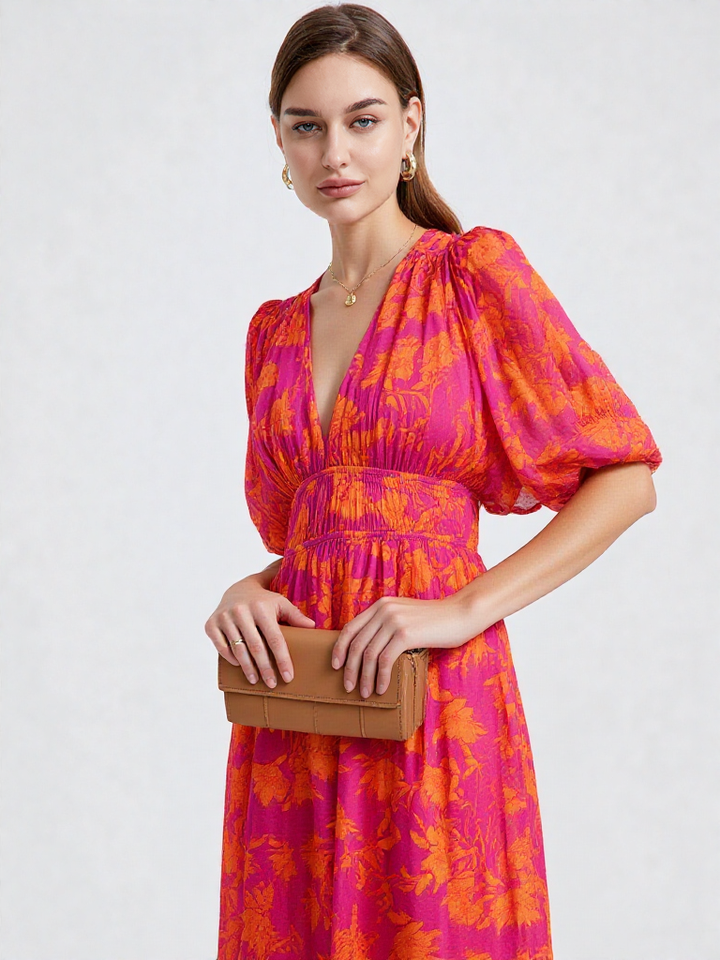 Women’s Casual Printed Midi Dress – Loose V-Neck