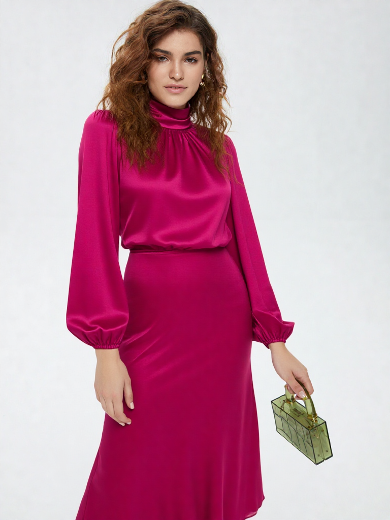 Women’s Satin Midi Dress - Asymmetric Draped Style - Long Sleeve