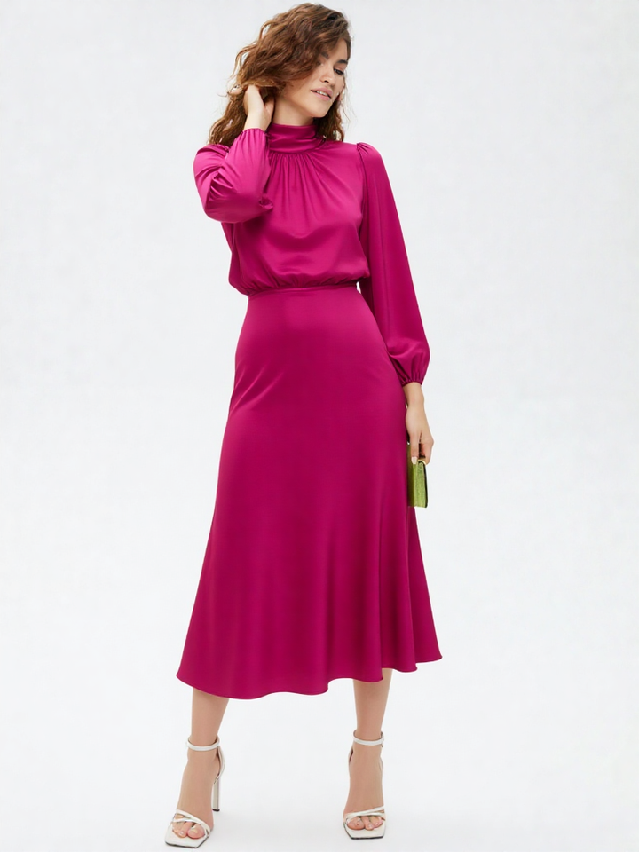 Women’s Satin Midi Dress - Asymmetric Draped Style - Long Sleeve