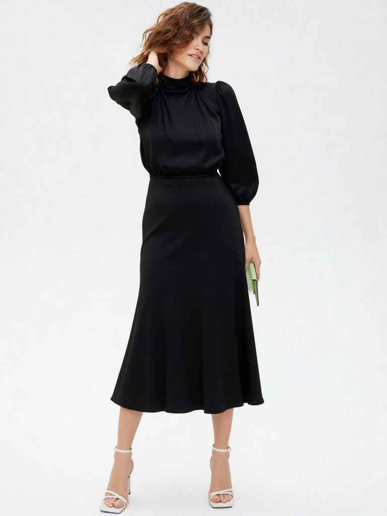 Women’s Satin Midi Dress - Asymmetric Draped Style - Long Sleeve