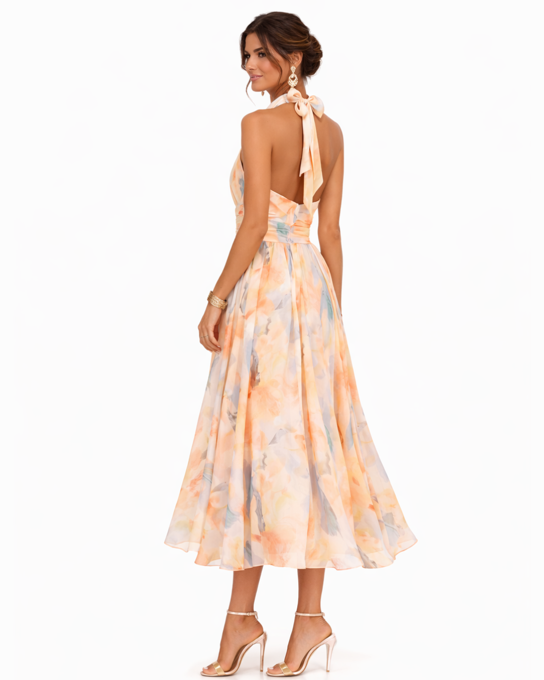 Adelaide halter neck printed midi dress, back view showing tie neckline