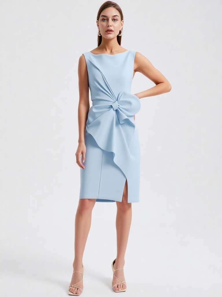 Women’s Sleeveless Mini Dress - O-Neck Straight Cut - Bow Detail by ByAshmore