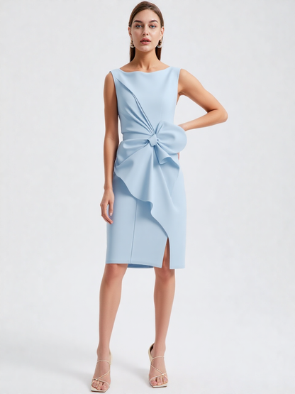 Women’s Sleeveless Mini Dress - O-Neck Straight Cut - Bow Detail by ByAshmore