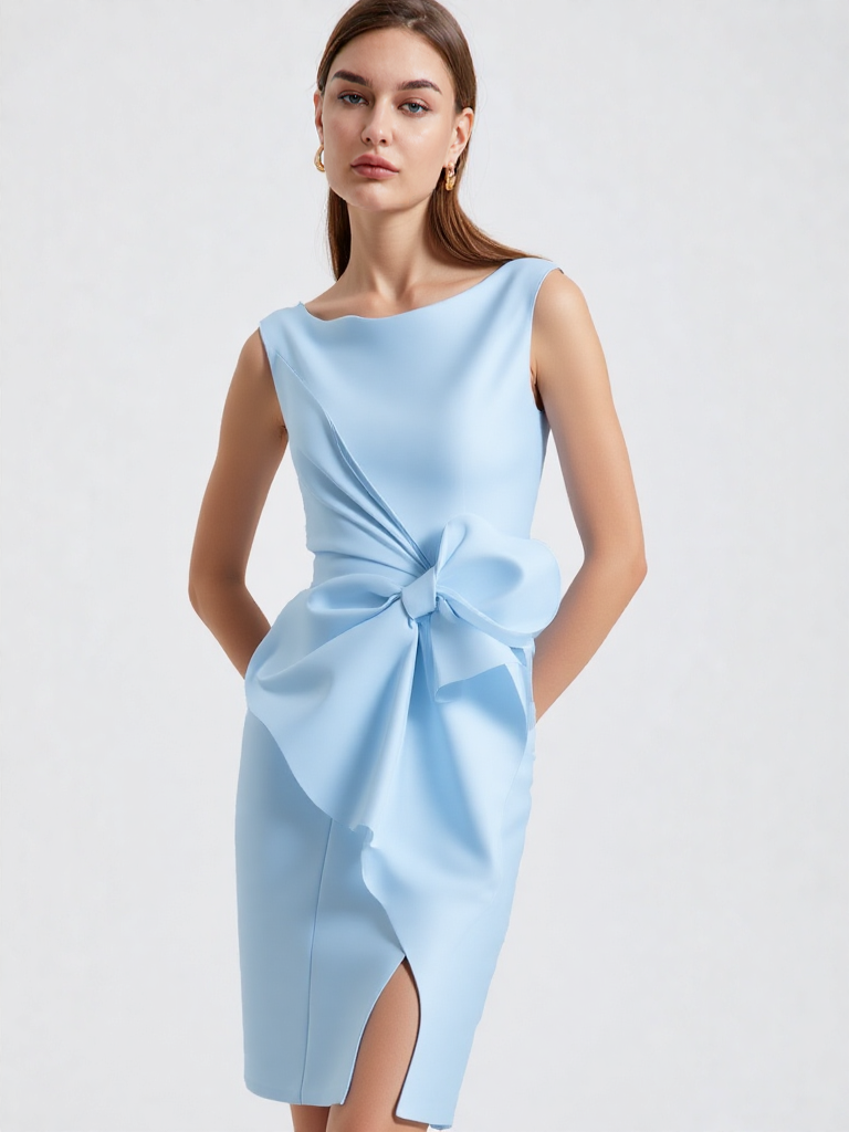 Women’s Sleeveless Mini Dress - O-Neck Straight Cut - Bow Detail by ByAshmore