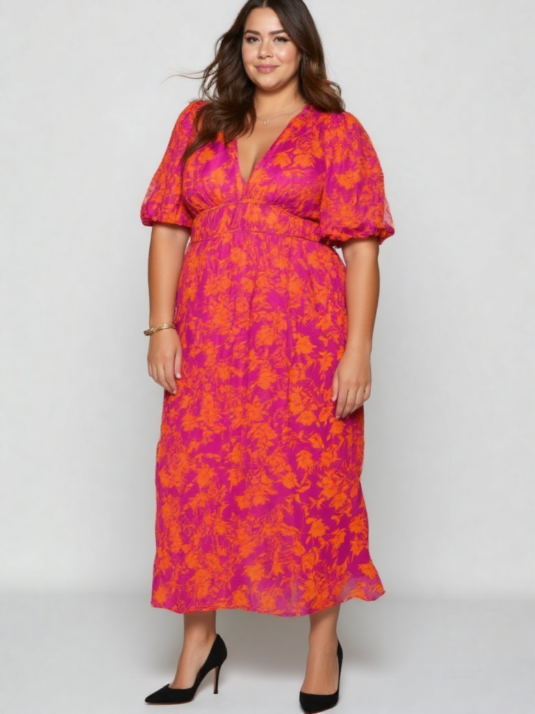 Women’s Casual Printed Midi Dress – Loose V-Neck