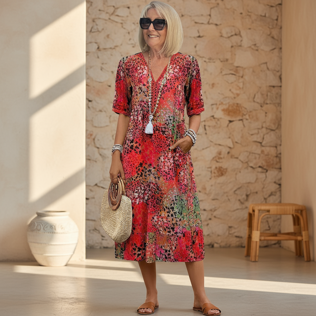 Cecily boho printed V-neck midi dress, full front view with straw handbag