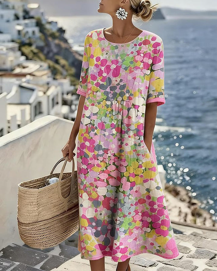 Coraline abstract floral midi dress with short sleeves, front view
