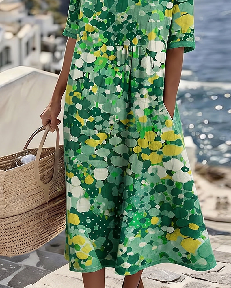 Coraline green floral midi dress, close-up detail view