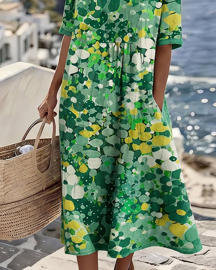 Coraline green floral midi dress, close-up detail view