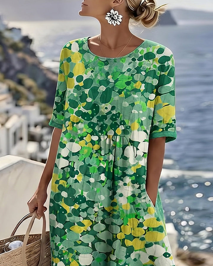 Coraline green floral print midi dress, upper body view