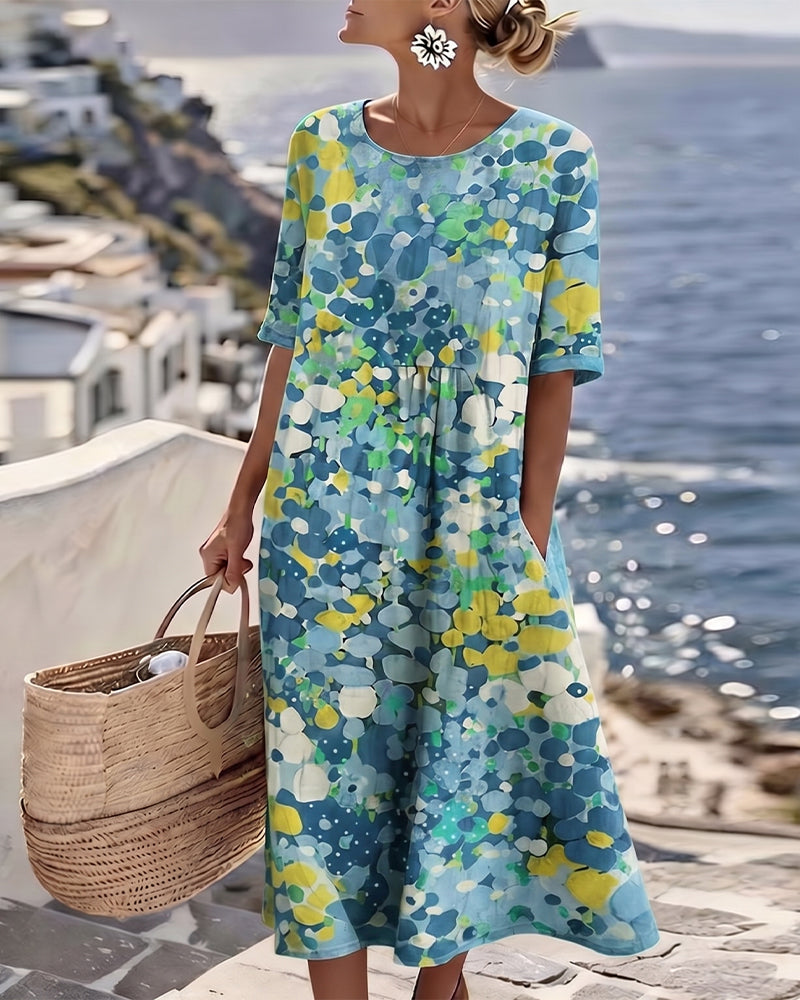 Coraline blue abstract floral midi dress, front view