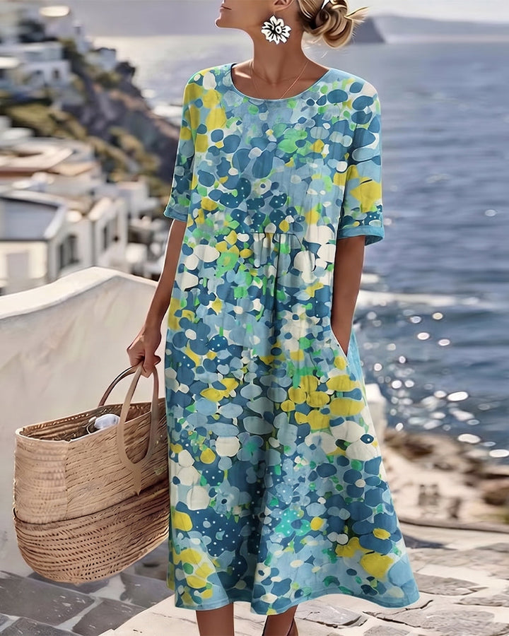 Coraline blue abstract floral midi dress, front view
