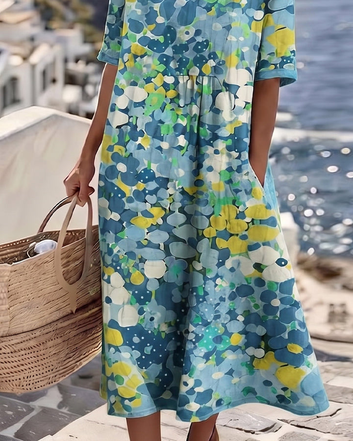 Coraline blue floral midi dress, back view detail