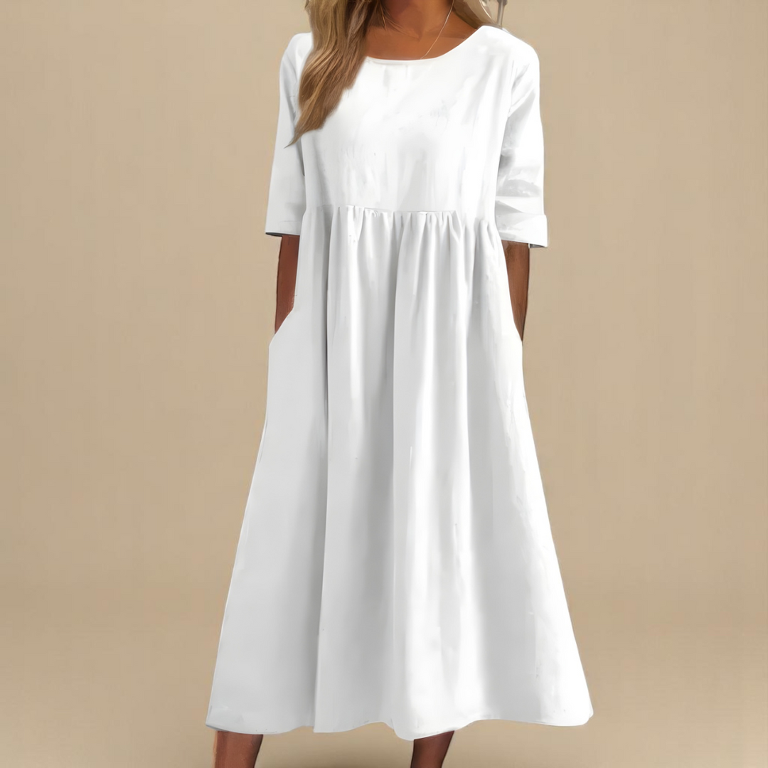 Cordelia square neck midi dress in white, front view