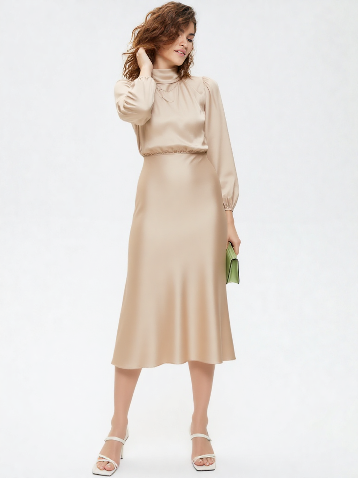 Women’s Satin Midi Dress - Asymmetric Draped Style - Long Sleeve