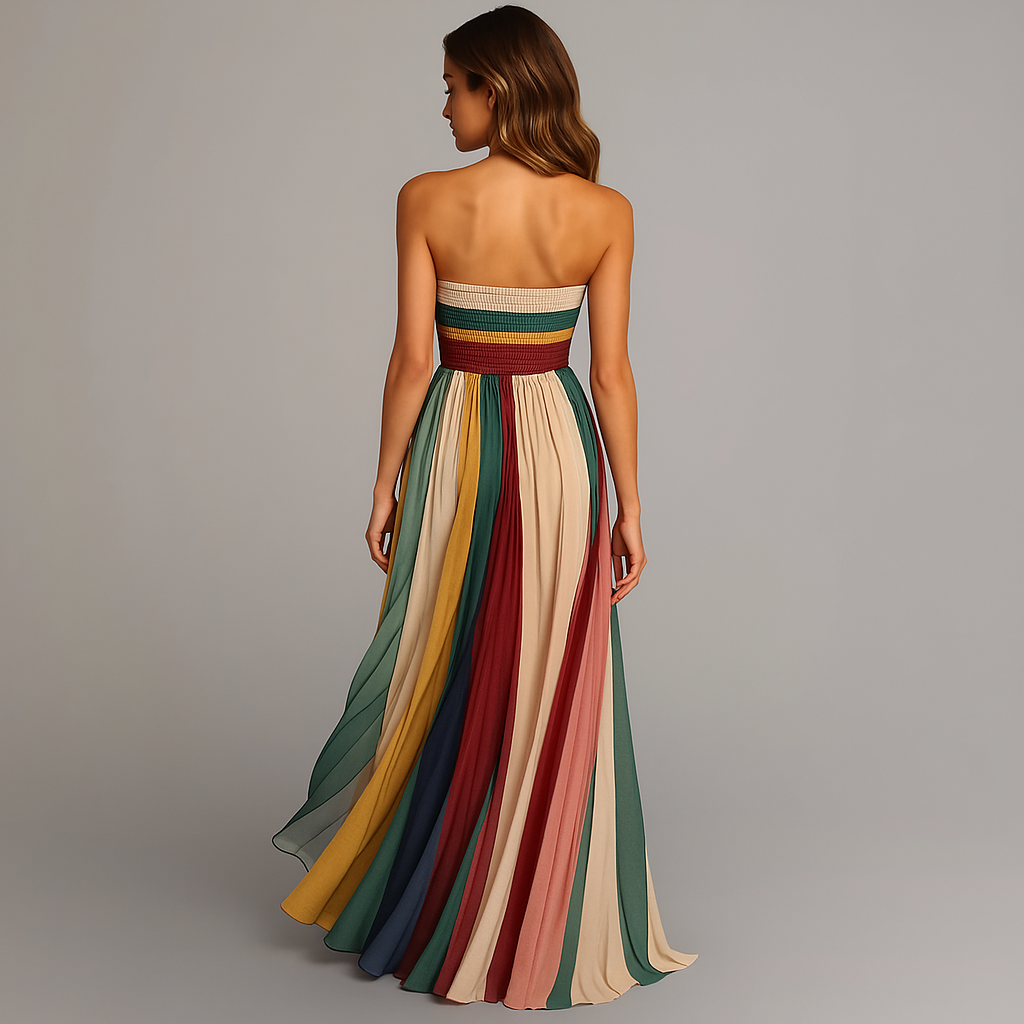 Delphine strapless maxi dress, back view showing pleated skirt