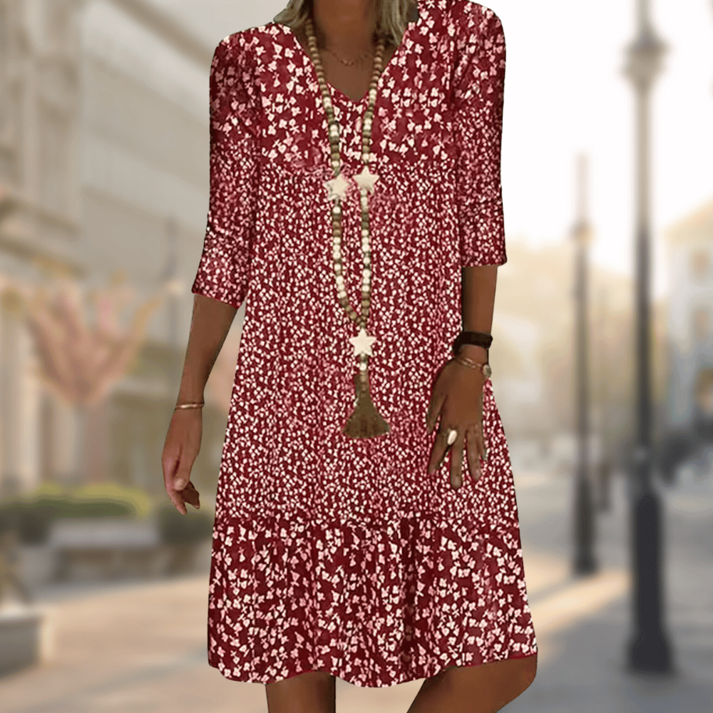 Eliana boho ditsy print tiered midi dress with V-neck, front view in red