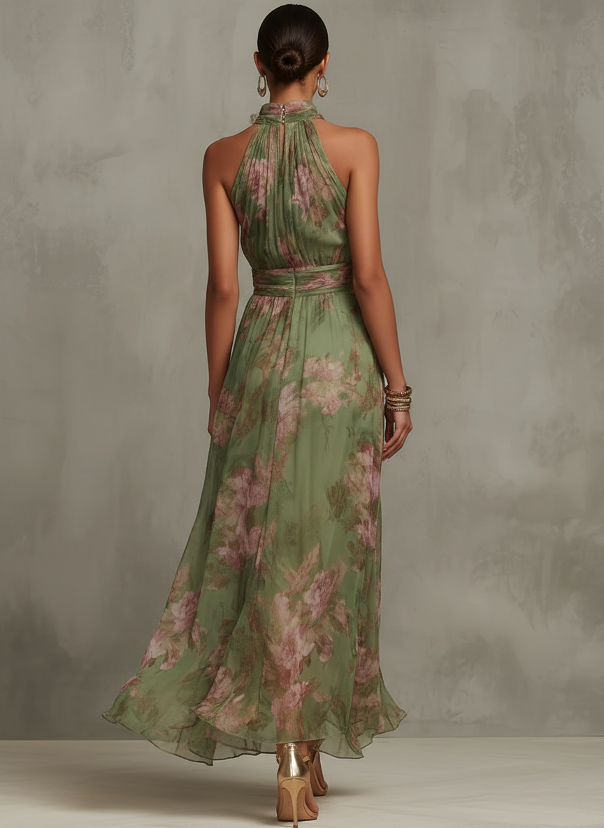 Eloise floral halter maxi dress, back view showing tie neckline