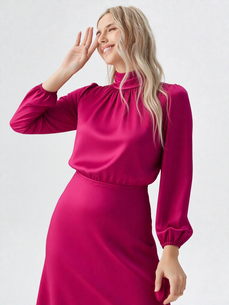 Women’s Satin Midi Dress - Asymmetric Draped Style - Long Sleeve