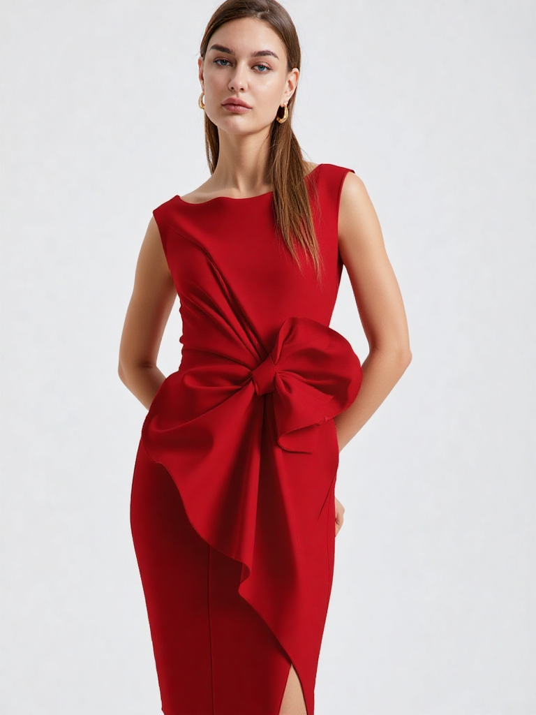 Women’s Sleeveless Mini Dress - O-Neck Straight Cut - Bow Detail by ByAshmore