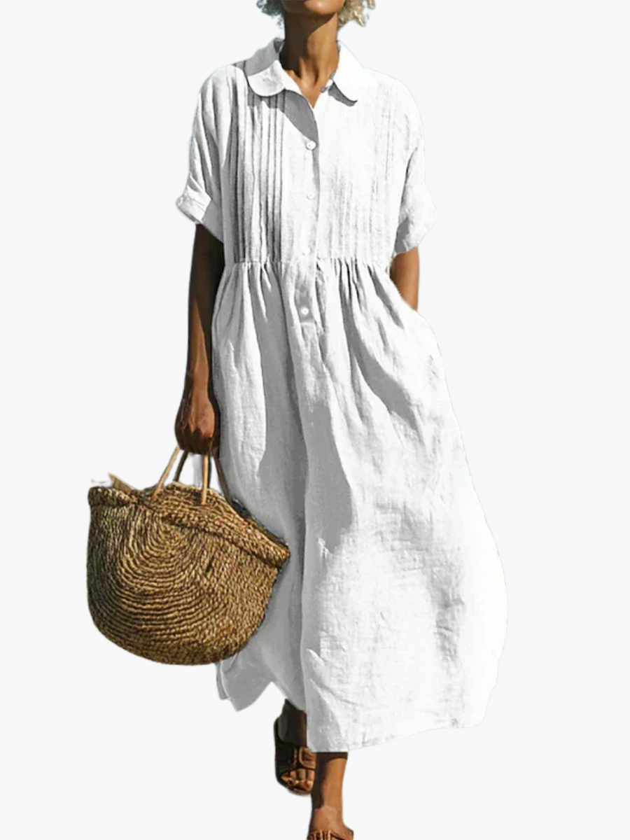 Josephine white collared maxi shirt dress with pintuck detail, front view close-up