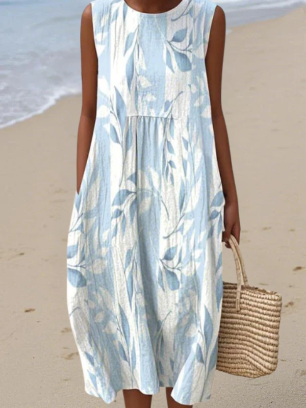 Josephine leaf print sleeveless midi dress in soft blue