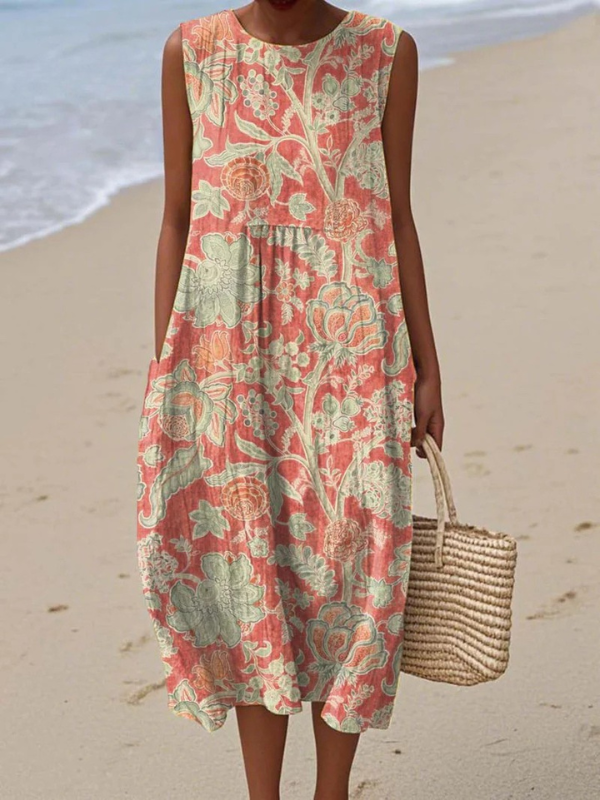 Josephine floral paisley sleeveless midi dress in coral