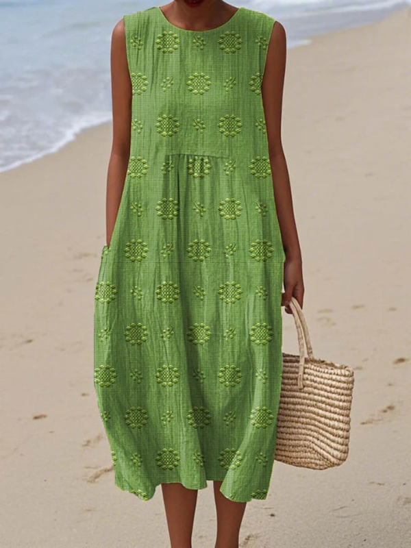 Josephine textured medallion print sleeveless midi dress in green