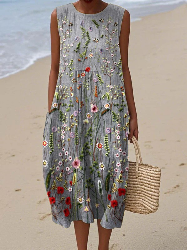 Josephine embroidered floral sleeveless midi dress in grey