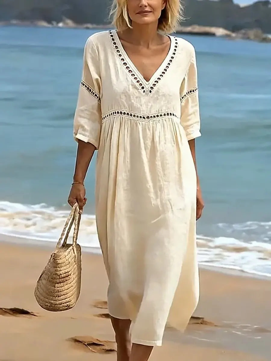 Margot cream boho V-neck crochet trim midi dress, close-up front view on model