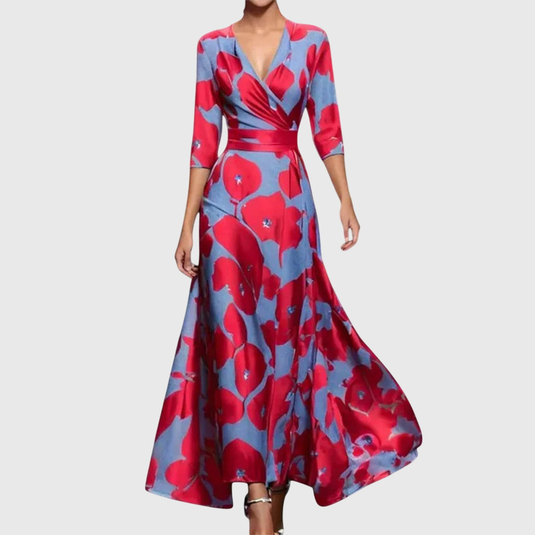 Marguerite red and blue floral wrap maxi dress, front view
