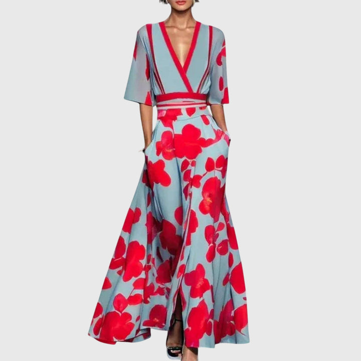 Marguerite light blue floral wrap maxi dress with pockets, front view