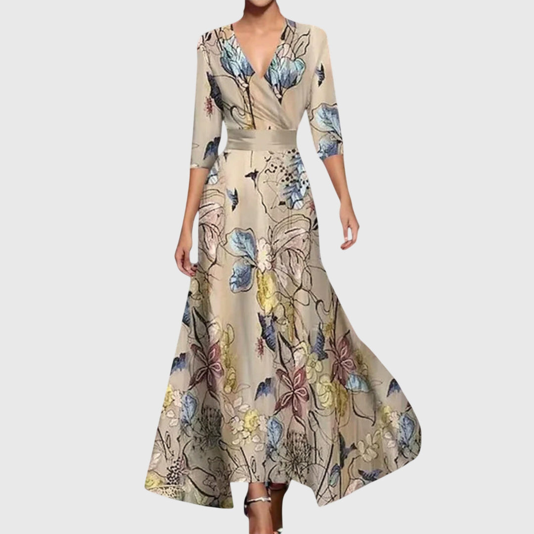 Marguerite beige floral print wrap maxi dress, front view
