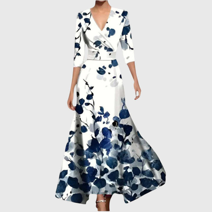 Marguerite white and navy floral wrap maxi dress, front view