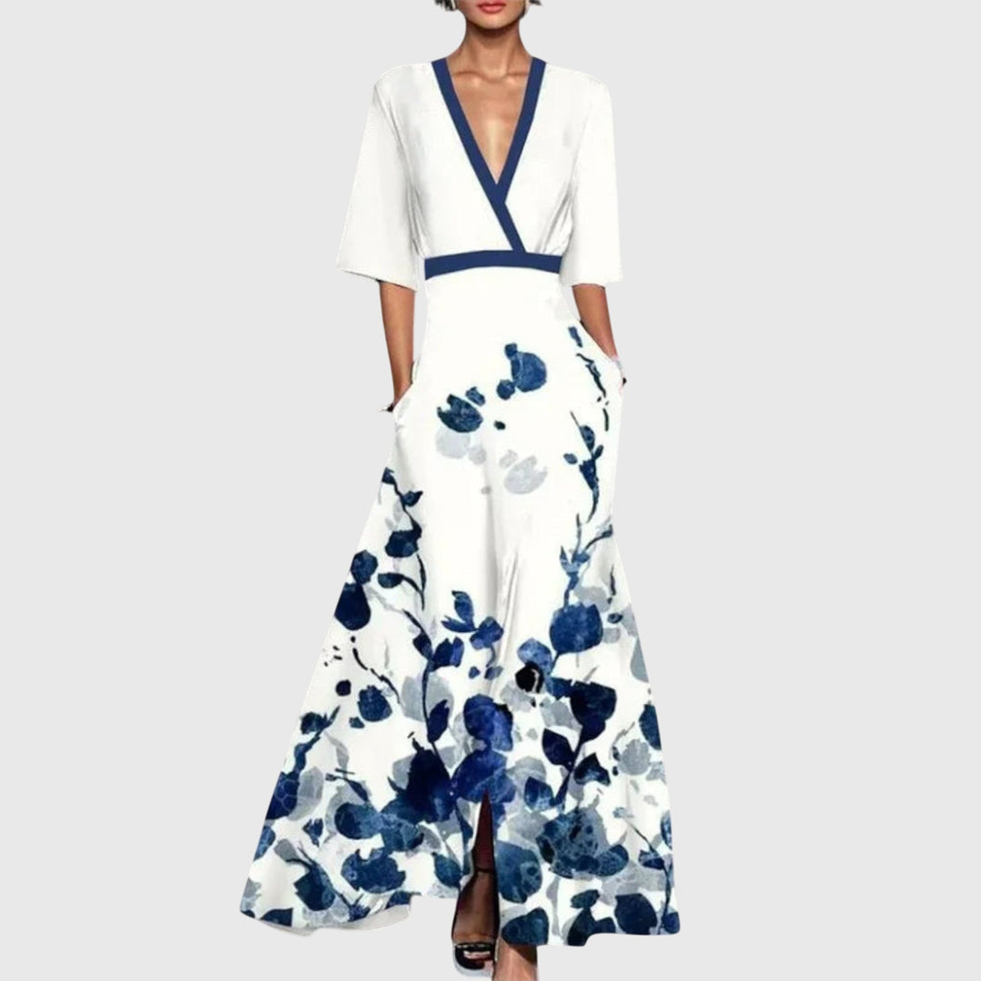 Marguerite white and navy floral wrap maxi dress with slit, front view