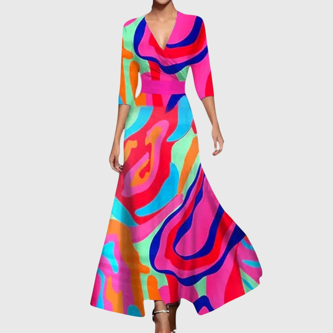 Marguerite multicolour abstract print wrap maxi dress, front view