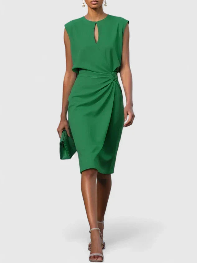 Marguerite green keyhole wrap midi dress, walking front view