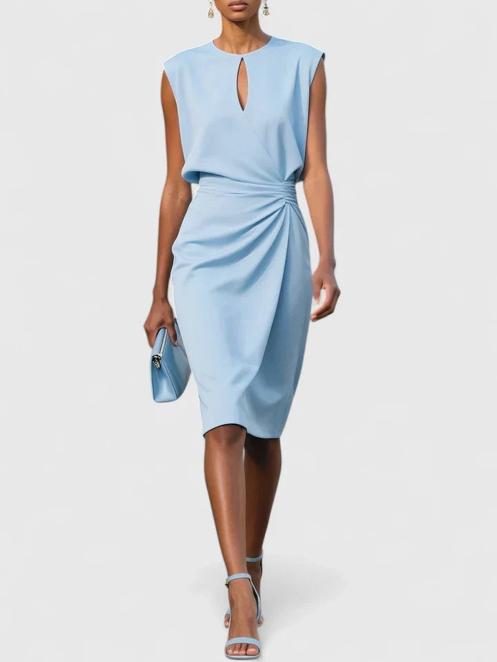 Marguerite light blue keyhole wrap midi dress, full front view